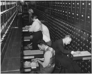 Part of the biggest bookeeping job in the world: Filing workers' applications for social security account numbers. This photo is in the public domain and is available This media is available in the holdings of the National Archives and Records Administration.