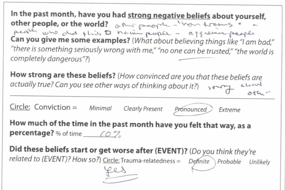 A portion of the CAPS-5 test for PTSD, with a question that reads, "In the past month, have you had strong negative beliefs about yourself, other people, or the world?"