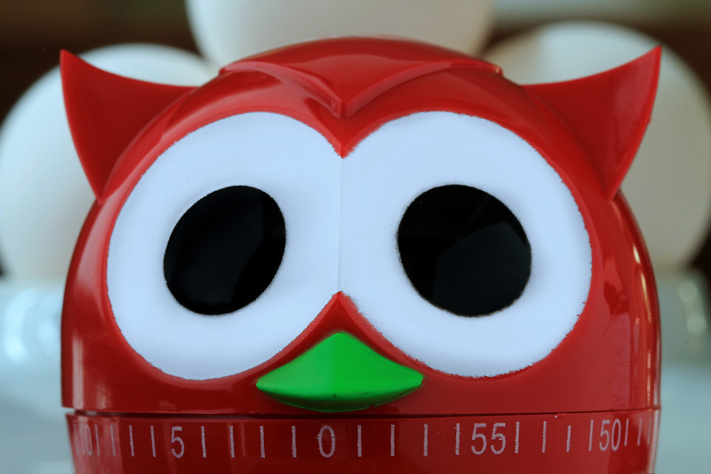 A red egg timer in the shape of a bird with enormous eyes stares out from the frame. It looks nervous. Its time has almost run out.